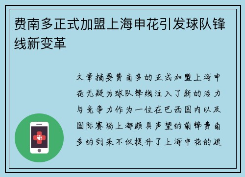 费南多正式加盟上海申花引发球队锋线新变革 费南多正式加盟上海申花引发球队锋线新变革